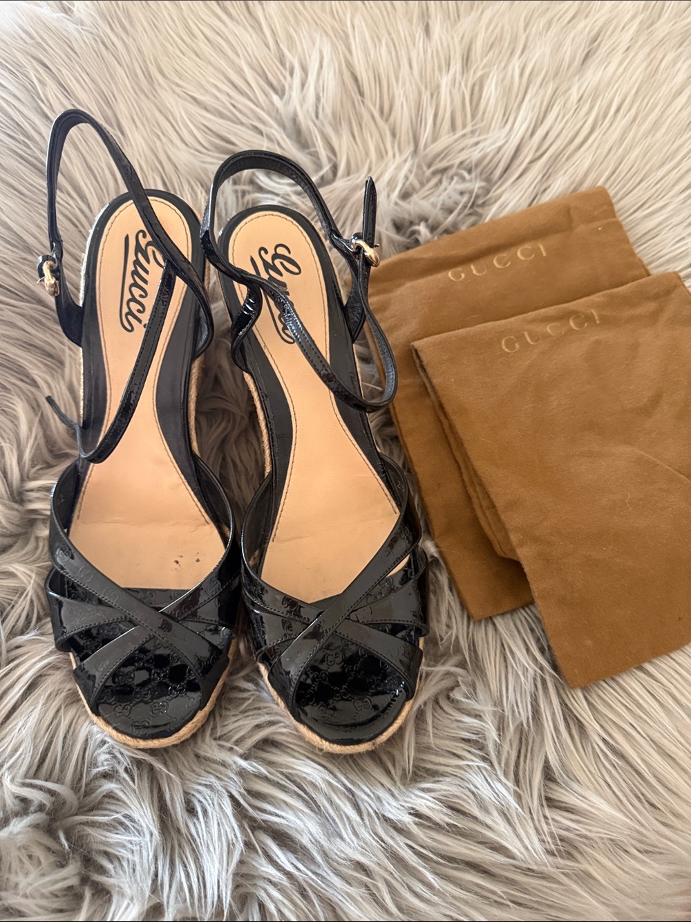 Gucci Black Patent Leather Crisscross Slingback Wedges